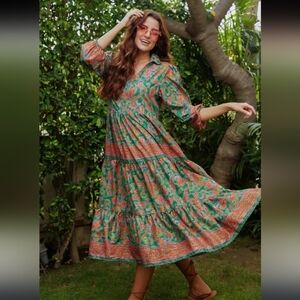Cin Cin Bohemian Flowy Tiered V-Neck 3/4 Balloon Sleeve Multiprint Maxi Dress
